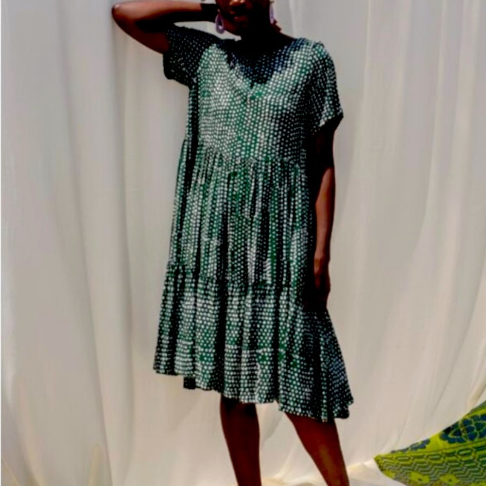 Polka Dot Tiered Midi Dress in Dark Green